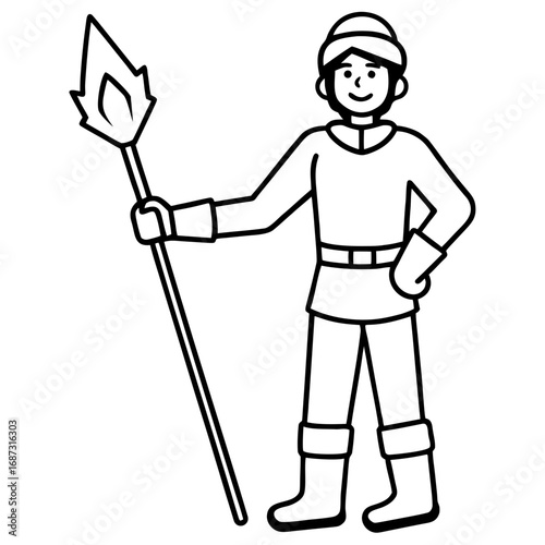 Fantasy Castle Guard Character with a Spear, a Line Art Illustration