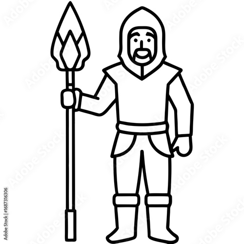 Fantasy Castle Guard Character with a Spear, a Line Art Illustration
