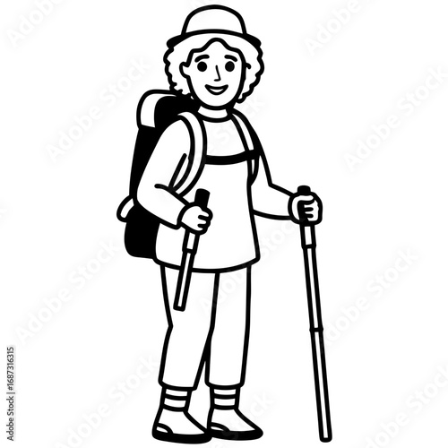 Female Hiker with Backpack, a Line Art Character for Trekking and Adventure
