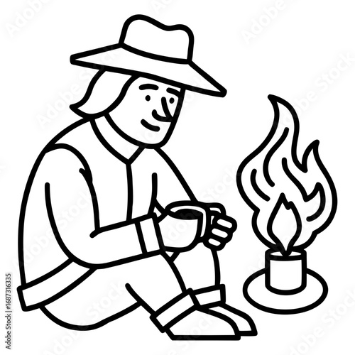 Camper by the Campfire, a Minimalist Line Art Icon of Outdoor Relaxation
