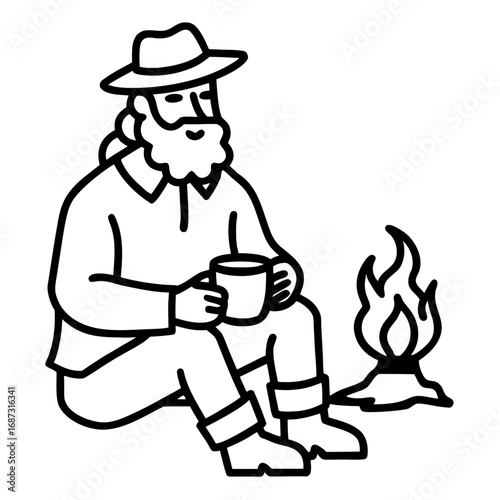 Camper by the Campfire, a Minimalist Line Art Icon of Outdoor Relaxation