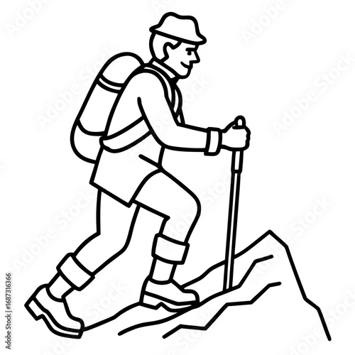 Hiker Climbing Mountain, a Line Art Icon for Adventure and Trekking