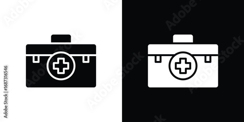 First aid box icons set. Black and white silhouette collection
