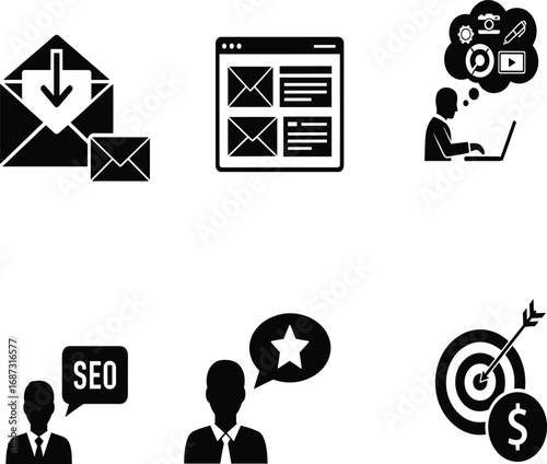 Digital marketing icons, email campaign, SEO strategy, web design, social media engagement, customer feedback, financial target, online business tools