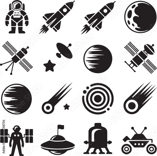 Space Icons Astronaut Rocket Moon Satellite Spaceship Comet (95) illustration