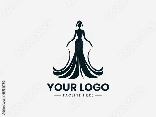 Elegant woman in flowing gown vector logo design with floral decoration