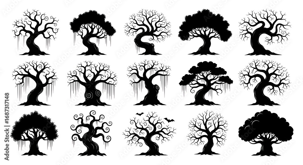 Fototapeta premium Collection of 15 silhouette spooky gnarled trees with bare branches and some with hanging vines, isolated on white background