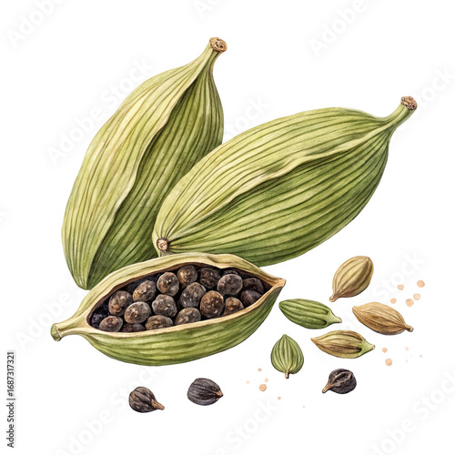 Close up watercolor illustration of green cardamom pods and seeds isolated on transparent background