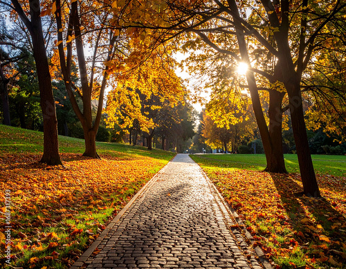 Cobblestone Path Autumn Park Urban Green Space Walkway Photography