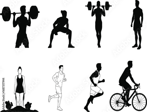 Fitness silhouette icons, exercise poses, barbell lifting, squatting, running, cycling, yoga mat, workout vector, active lifestyle, training set