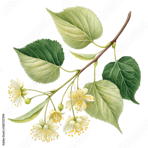 Delicate watercolor illustration of a linden tree branch with blooming flowers and green leaves isolated on transparent background