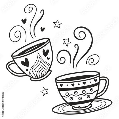 Two stylized teacups with heart and star decorations, emitting steam swirls.