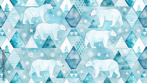 Arctic wildlife winter wonderland seamless pattern featuring charming polar bears amidst geometric mountain range and snowflake design