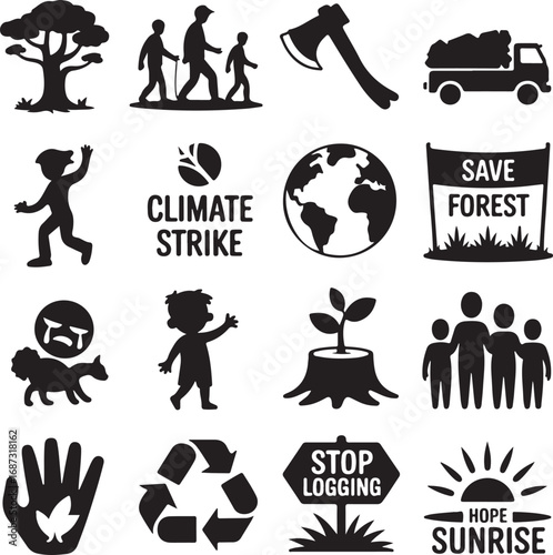 Black and white icons representing environmentalism and conservation efforts Keywords: tree