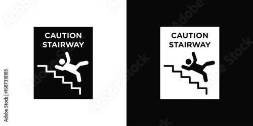 Caution stairway signs set. Black and white silhouette collection