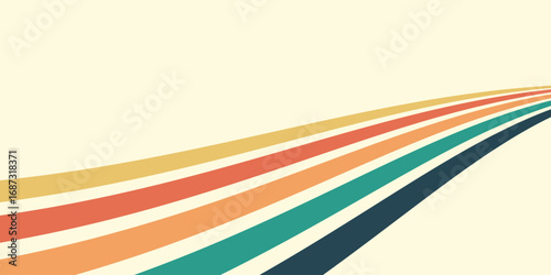 Abstract colorful 70s background vector. Vintage retro wallpaper with rainbow stripes and wavy lines. A 1970 color illustration suitable for posters, banners, decorative items and wall art.