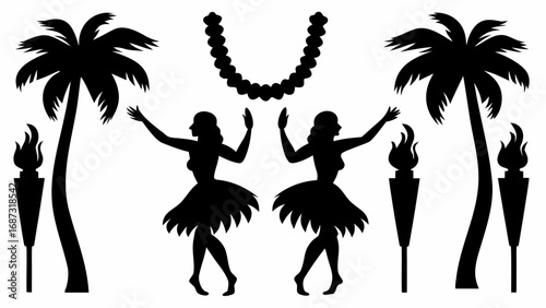 Silhouette of two hula dancers with palm trees torches and lei in a tropical hawaiian scene vector art