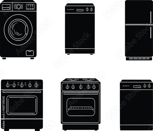 Household appliance silhouettes, kitchen electronics, oven icon, dishwasher graphic, refrigerator shape, washing machine, laundry tools, cooking devices, home equipment, appliance set