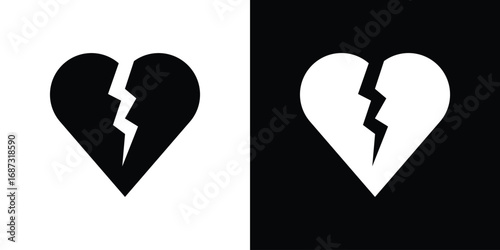 Broken heart icons set. Black and white silhouette collection