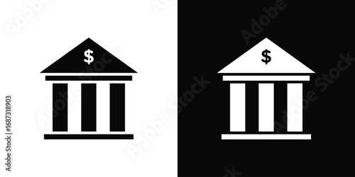 Bank building icons set. Black and white silhouette collection