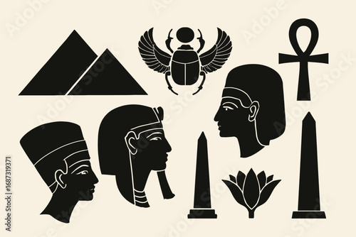 Egyptian symbols: pyramids, scarab, ankh, pharaohs, obelisks, lotus flower.