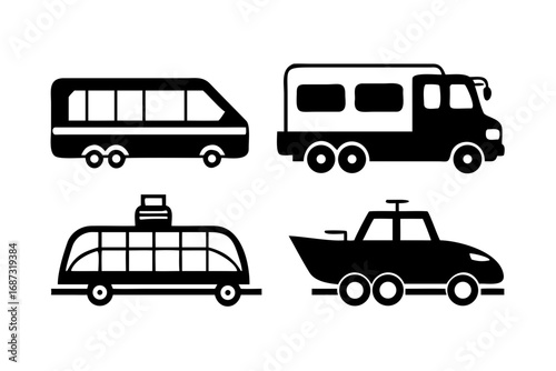 Various transportation vehicles in black and white