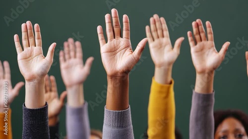 University campus and dormitory, Diverse hands raised in a classroom setting, seeking attention.