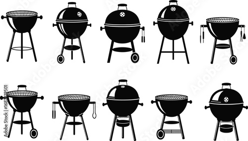 Collection of black barbecue grill silhouettes with various designs for outdoor cooking, summer party, picnic, camping, and backyard barbecue illustration