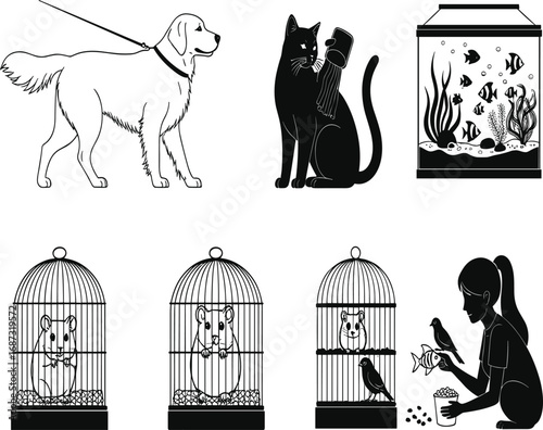 Pet care icons, animal habitat silhouettes, dog on leash, cat with post, aquarium fish, birdcage pets, rabbit feeding, home animals