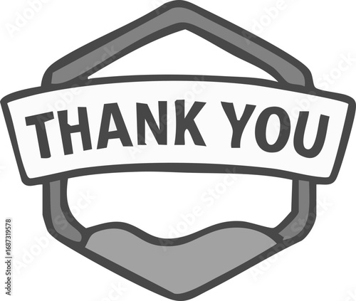 Monochrome shield emblem, 'THANK YOU' banner, appreciation.