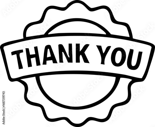 Classic 'Thank You' badge, monochrome, appreciation symbol.