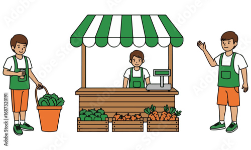Farmers Market Stall with Vendors and Fresh Produce