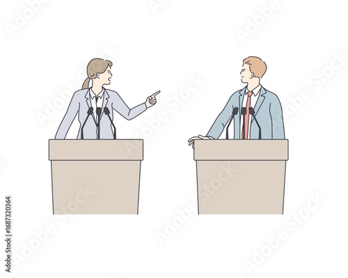 Illustration of a man and woman debating at podiums, symbolizing public speaking, professional discussion, and the exchange of differing viewpoints