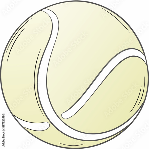 A simple hand drawn illustration of a fuzzy yellow tennis ball with white curved seams on a white background