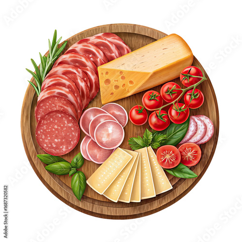 Delicious charcuterie board with assorted meats cheeses cherry tomatoes and herbs isolated on transparent background