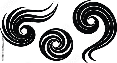 Three black abstract spiral and swirl graphic elements, isolated on white background