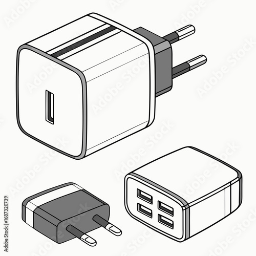 Collection of modern usb power adapters including a single port usb c charger and a multi port charger