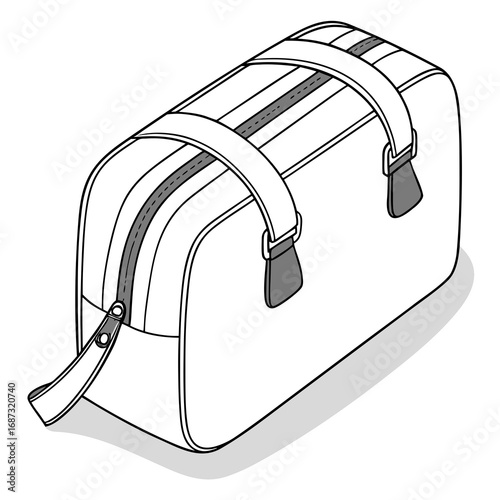 Clean line art illustration of a white toiletry bag with two handles and a zipper isolated on a white background