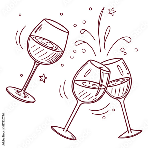 Outlined Wine Glasses Clinking Together in Celebration with Sparkling Effects