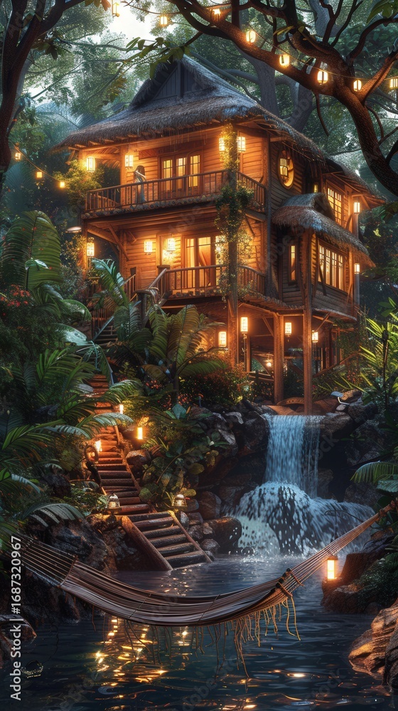 Obraz premium Tropical Treehouse Waterfall Night.