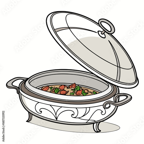 Elegant silver chafing dish with a glass lid open revealing a delicious stew with tomatoes and herbs