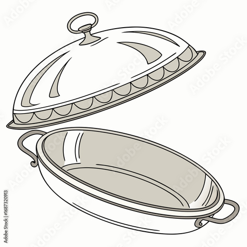 Elegant silver serving dish with ornate lid raised revealing an empty oval vessel for food presentation
