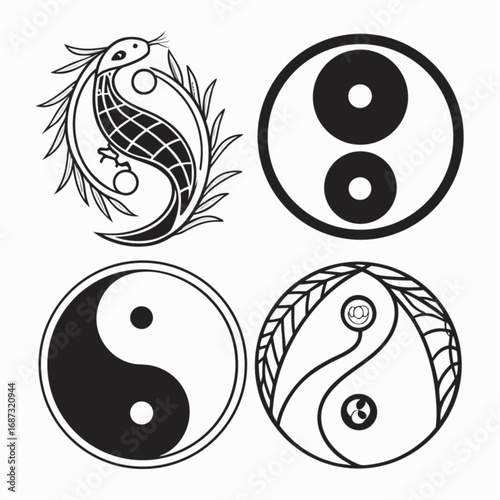 Four Yin Yang Symbols: Koi Fish, Double Circles, Classic, and Stylized with Leaves