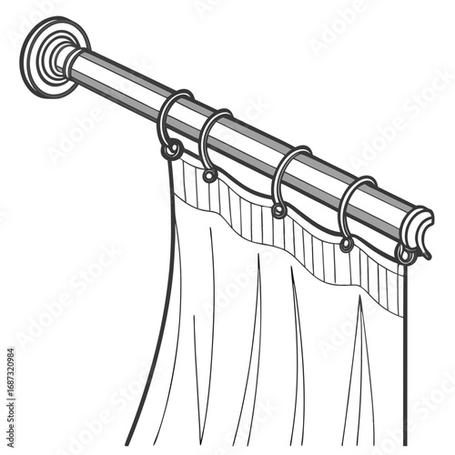 Illustration of a metal curtain rod with rings and draped fabric showing pleats and folds