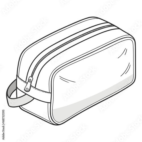 Simple black and white line drawing illustration of a toiletry bag with a zipper and handle on a white background