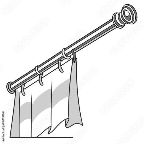 Simple line art illustration of a curtain rod with rings holding drapes on a white background
