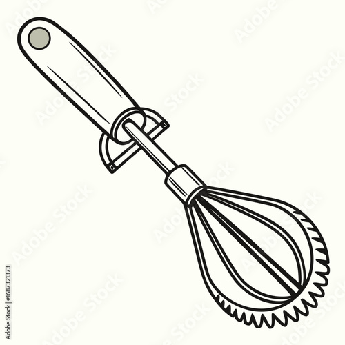 Simple line drawing of a kitchen whisk with a gray dot on the handle on a light background