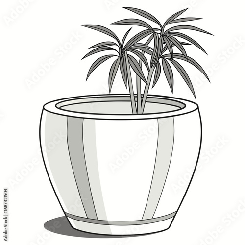 Stylized monochrome illustration of a leafy green potted plant in a modern white planter with a subtle shadow