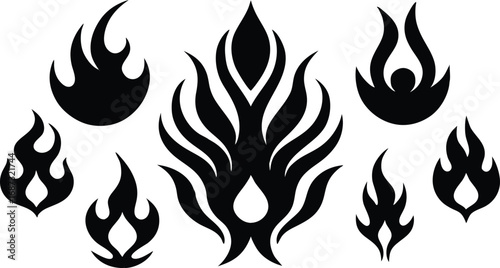 Collection of stylized black flame icons isolated on a white background, representing fire and heat in various forms