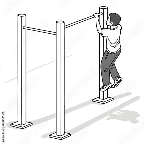 Young man performing a pull up exercise on a horizontal bar at an outdoor fitness park